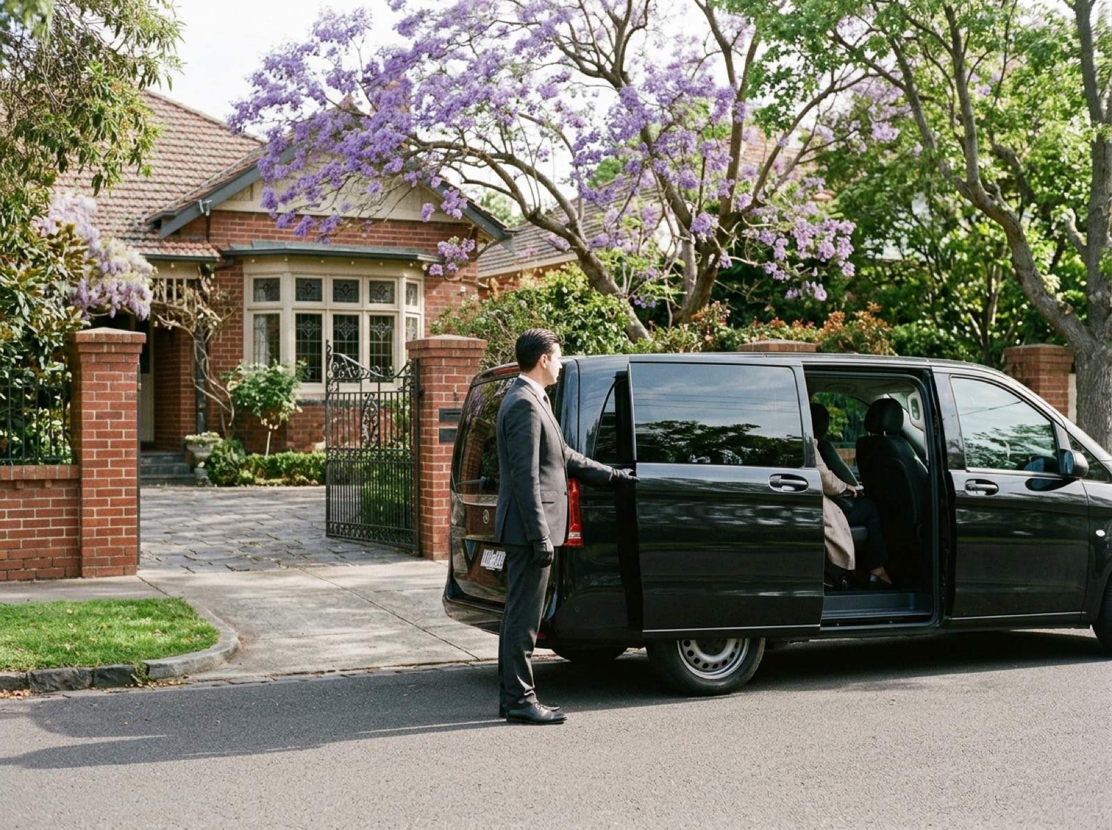 A Red Carpet driver holding the van door open at a Melbourne front gate