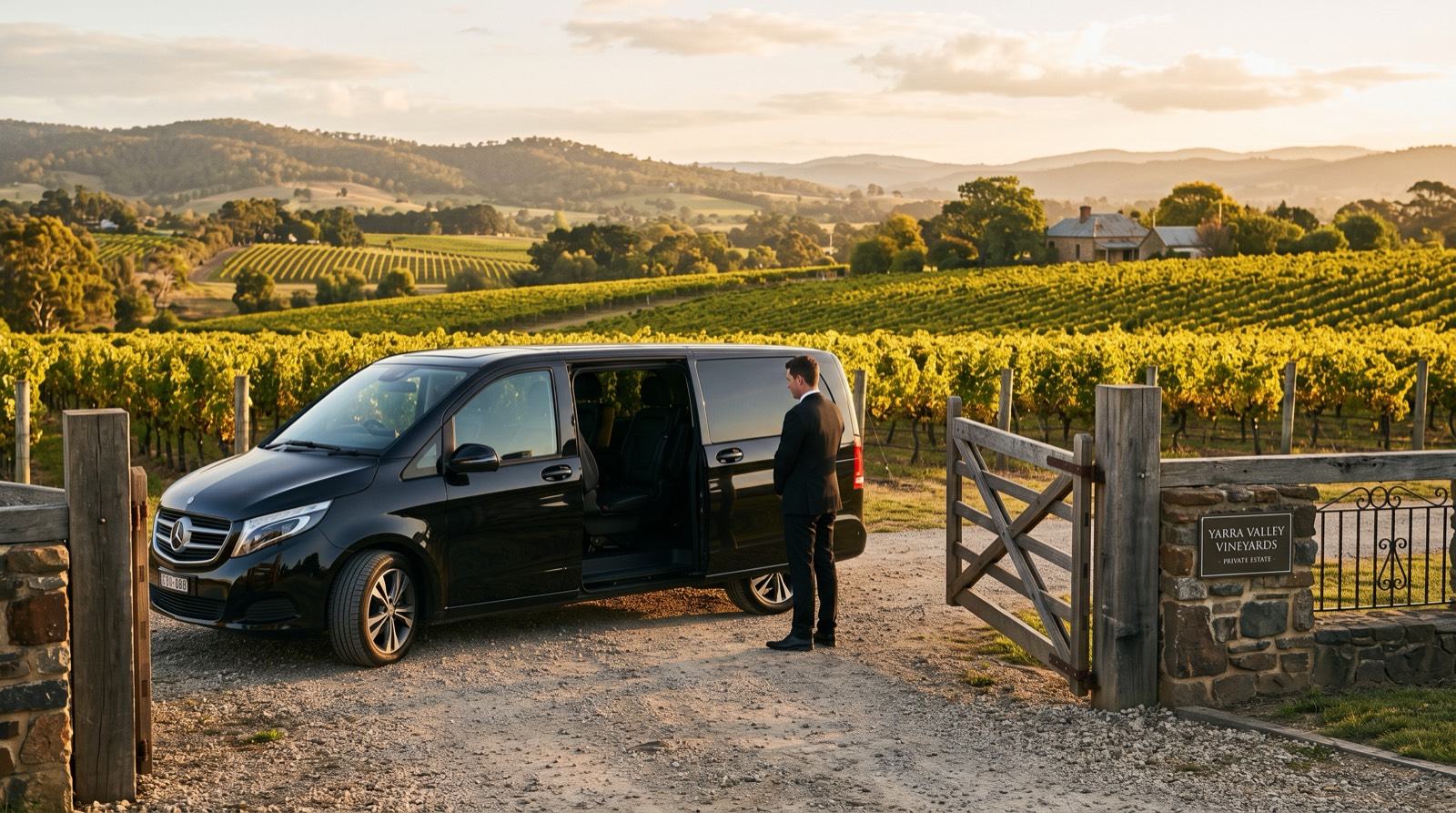 Black Mercedes-Benz van at the gate of a Yarra Valley vineyard at golden hour, driver holding the door