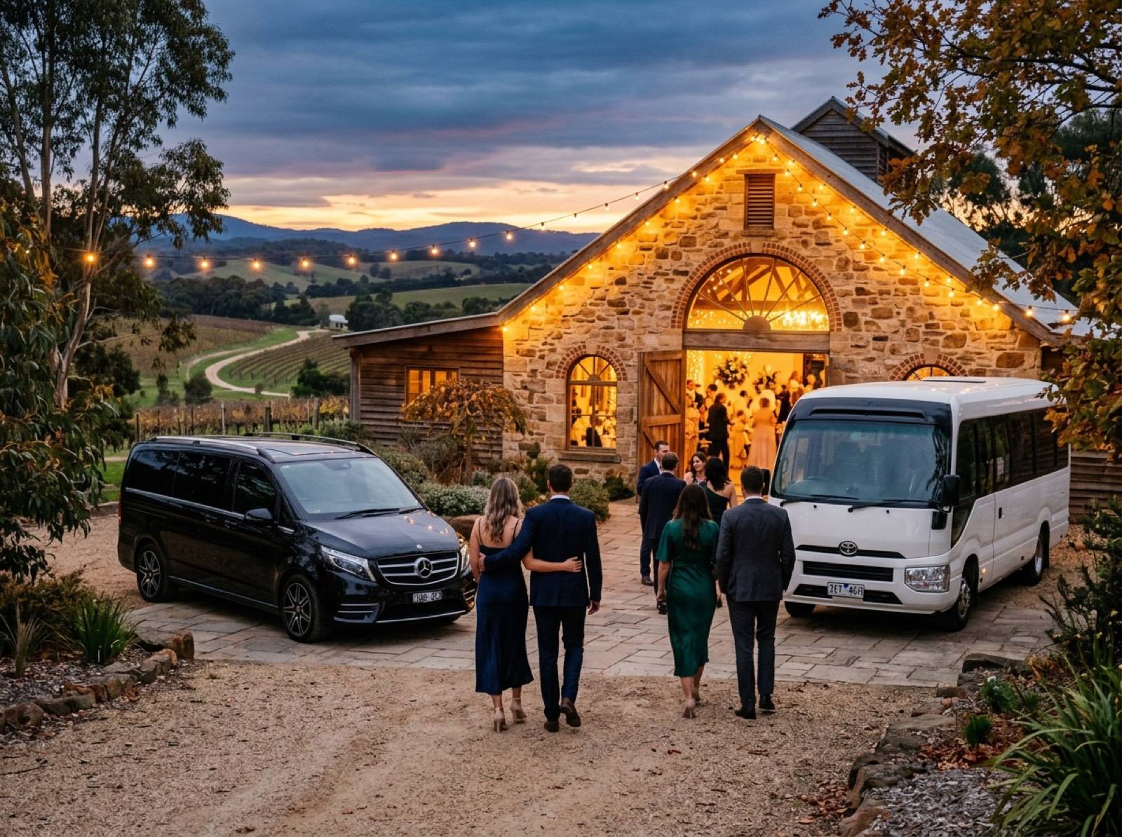 Wedding & Event Shuttles: Van and mini coach on a Yarra Valley reception night